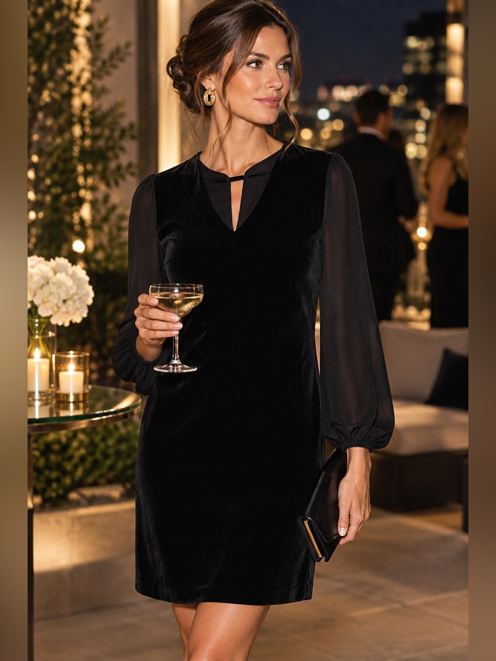 Vince Camuto Black Velvet Dress Sheer Balloon Sleeves Cocktail Party Size 14